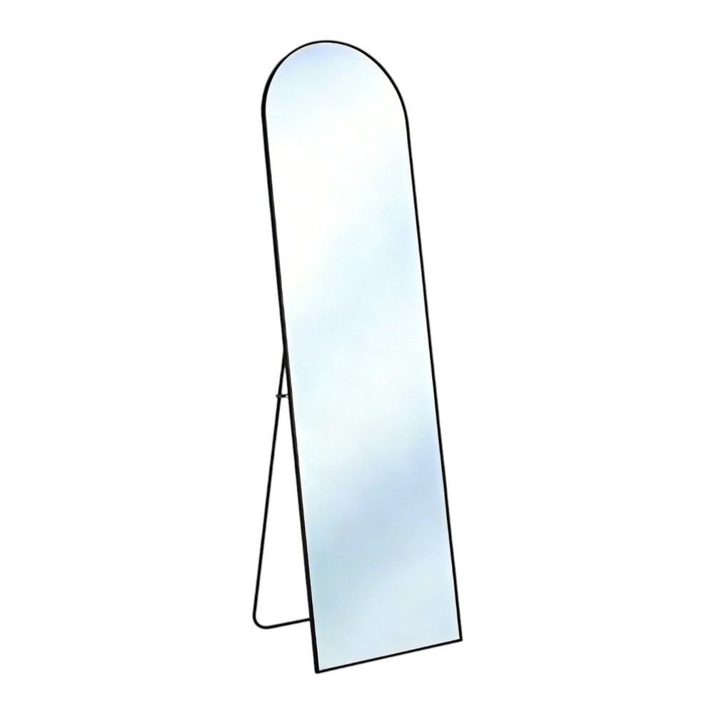 Black aluminum arch framed full-length mirror on a stand against a white background.