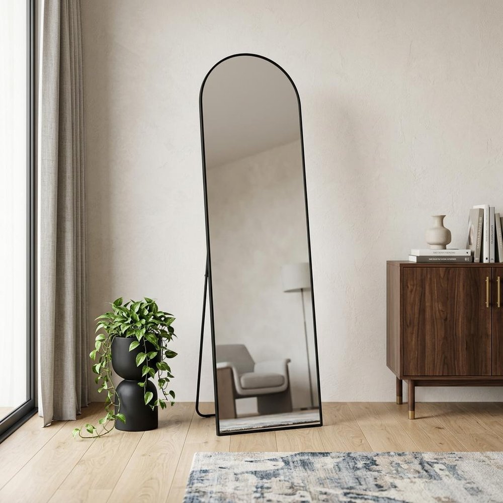70" Black Aluminum Arch Freestanding And Wall Mounted Framed Full Length Mirror on a white background