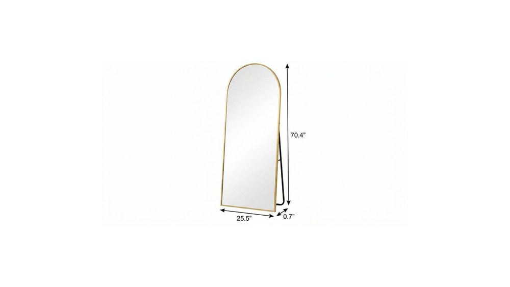 70" Gold Aluminum Arch Freestanding And Wall Mounted Framed Full Length Mirror on a white background