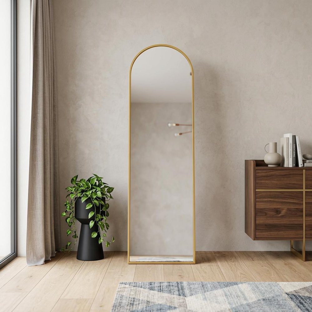70" Gold Aluminum Arch Freestanding And Wall Mounted Framed Full Length Mirror on a white background