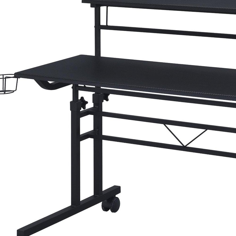 Adjustable Black Wood and Stainless Steel Rolling Writing Desk on a white background