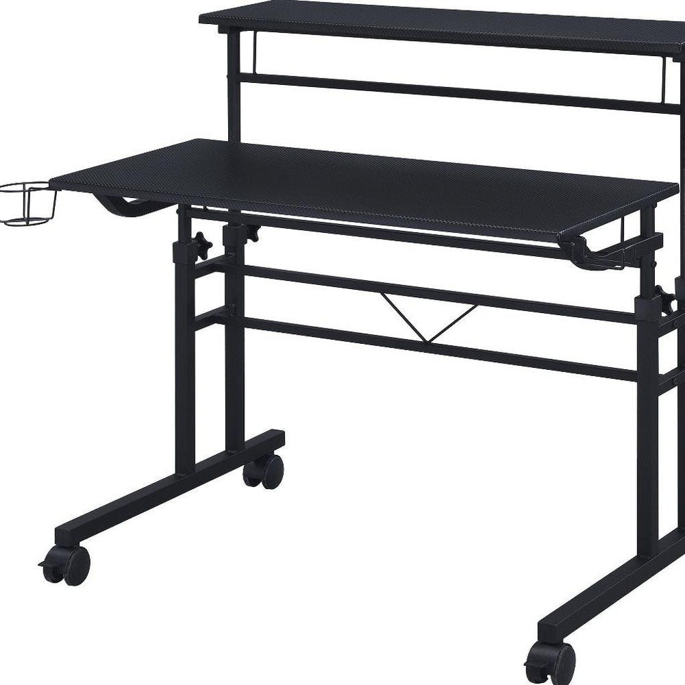 Adjustable Black Wood and Stainless Steel Rolling Writing Desk on a white background
