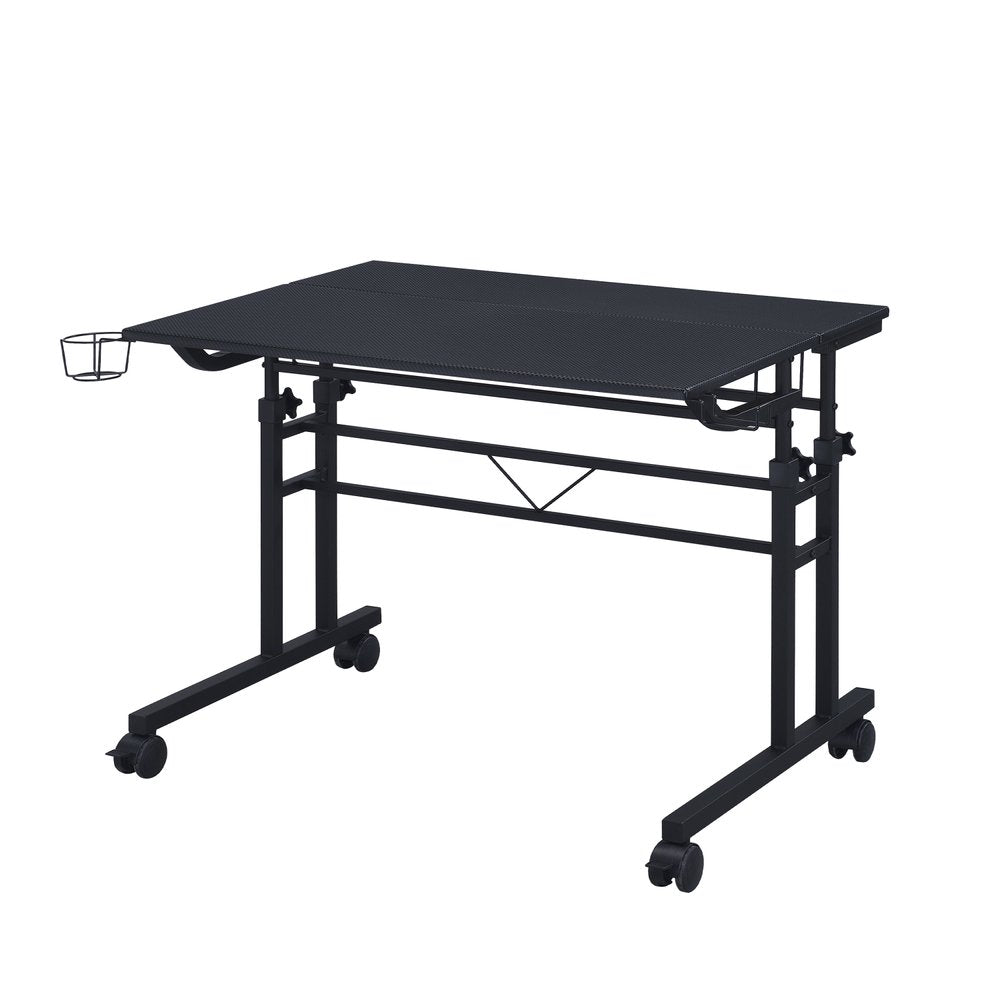 Adjustable Black Wood and Stainless Steel Rolling Writing Desk on a white background