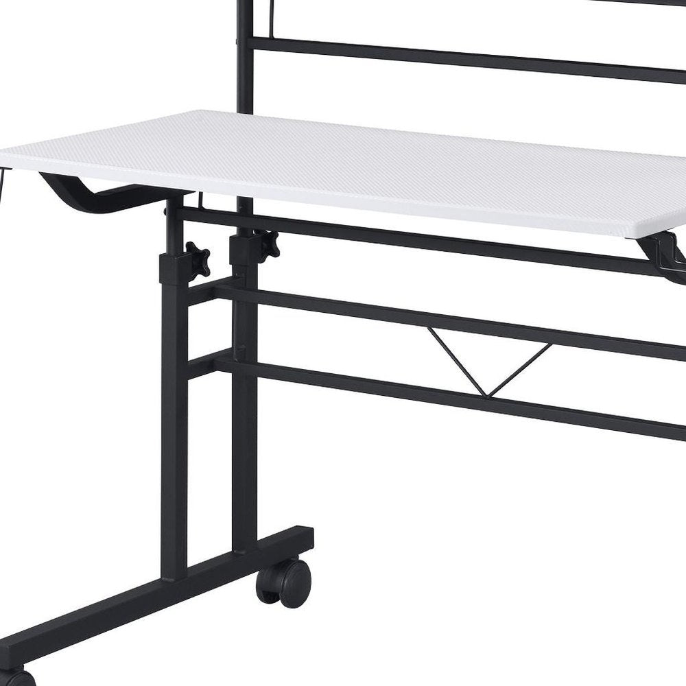 Adjustable Black Wood and Stainless Steel Rolling Writing Desk on a white background