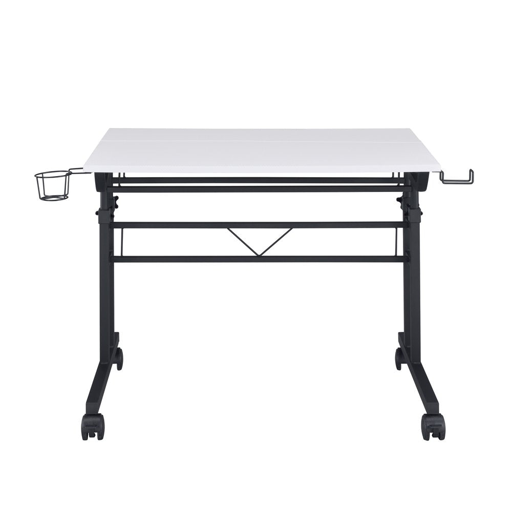 Adjustable Black Wood and Stainless Steel Rolling Writing Desk on a white background