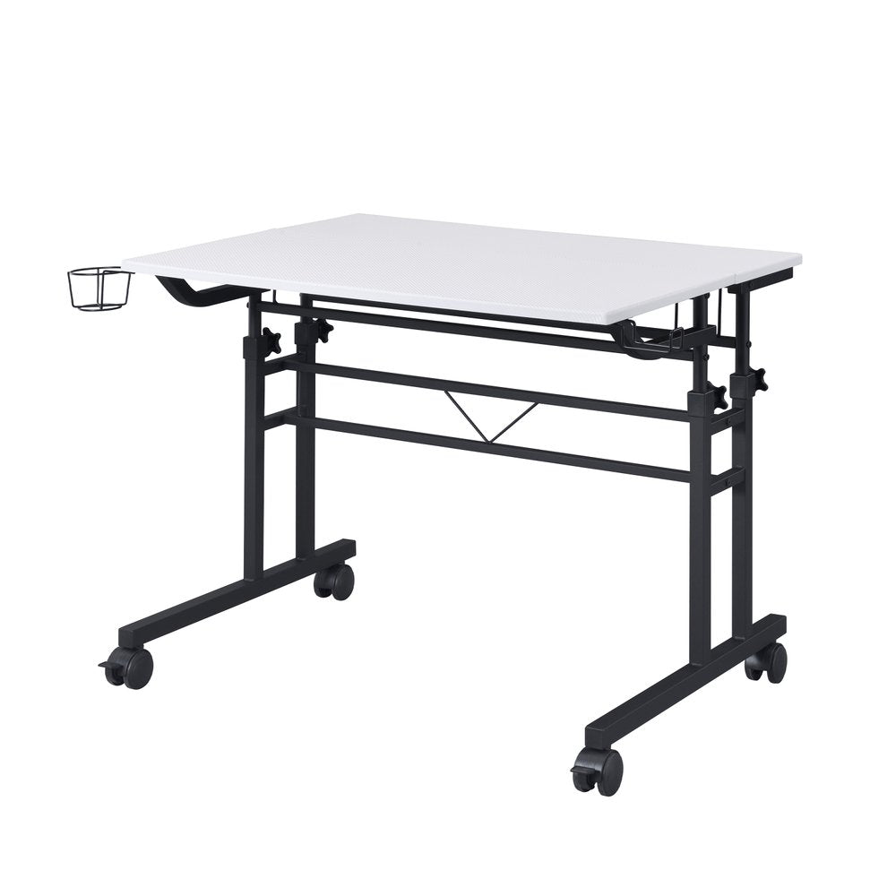 Adjustable Black Wood and Stainless Steel Rolling Writing Desk on a white background
