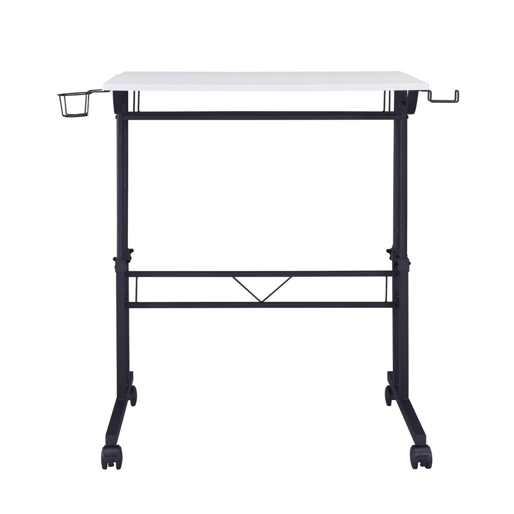 Adjustable Black Wood and Stainless Steel Rolling Writing Desk on a white background