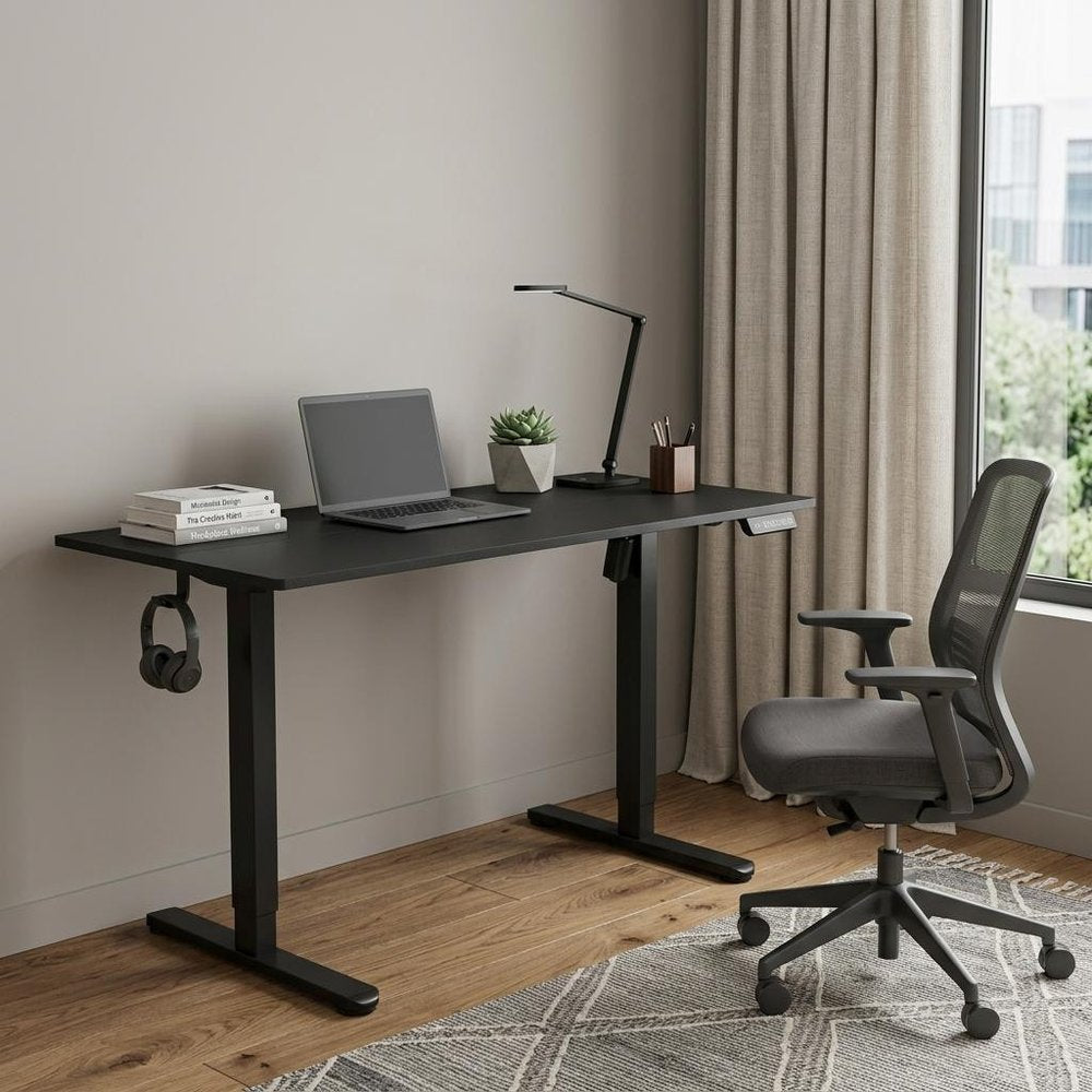Adjustable Black Wood and Steel Standing Desk in a home interior