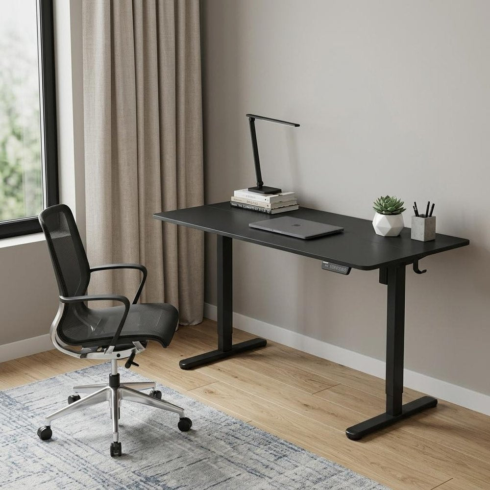 Adjustable Black Wood and Steel Standing Desk in a home interior