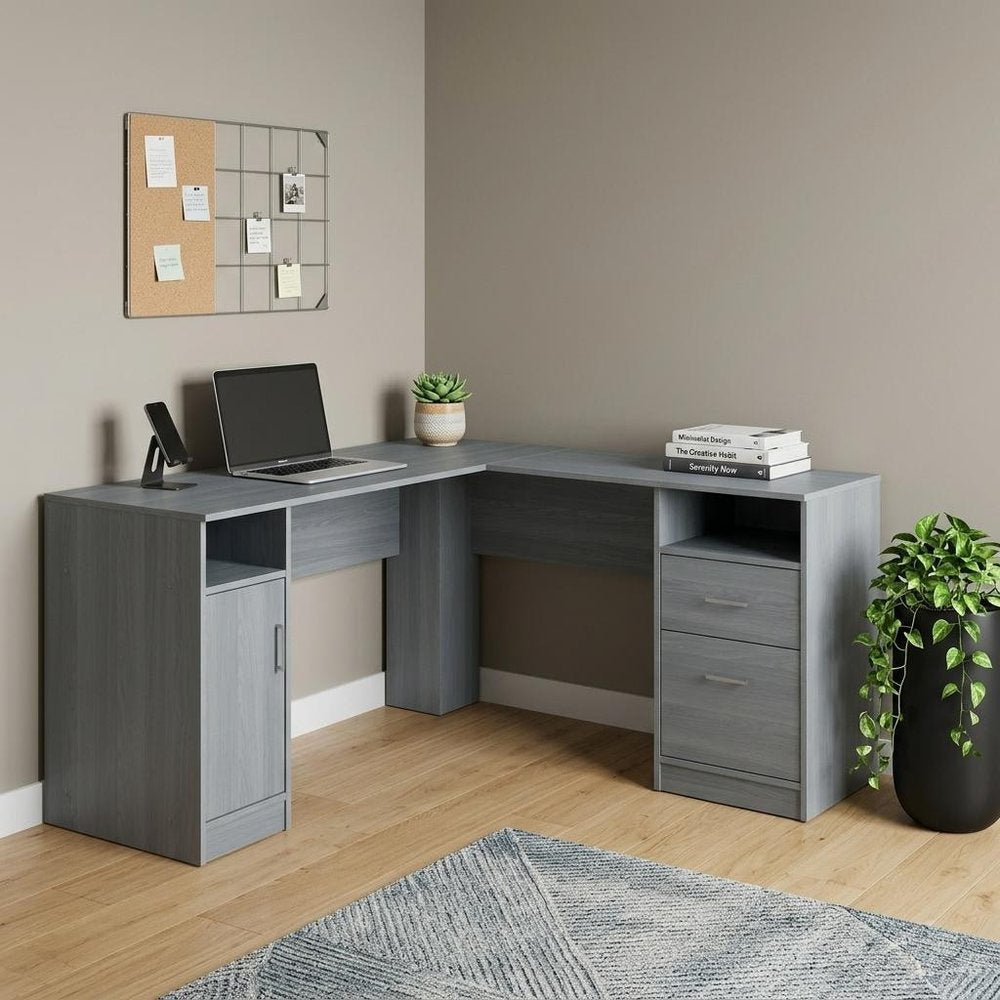 60" Gray Wood L Shape Pedestal Computer Desk With Two Drawers
