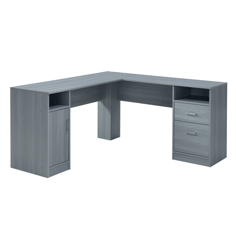 60" Gray Wood L Shape Pedestal Computer Desk With Two Drawers