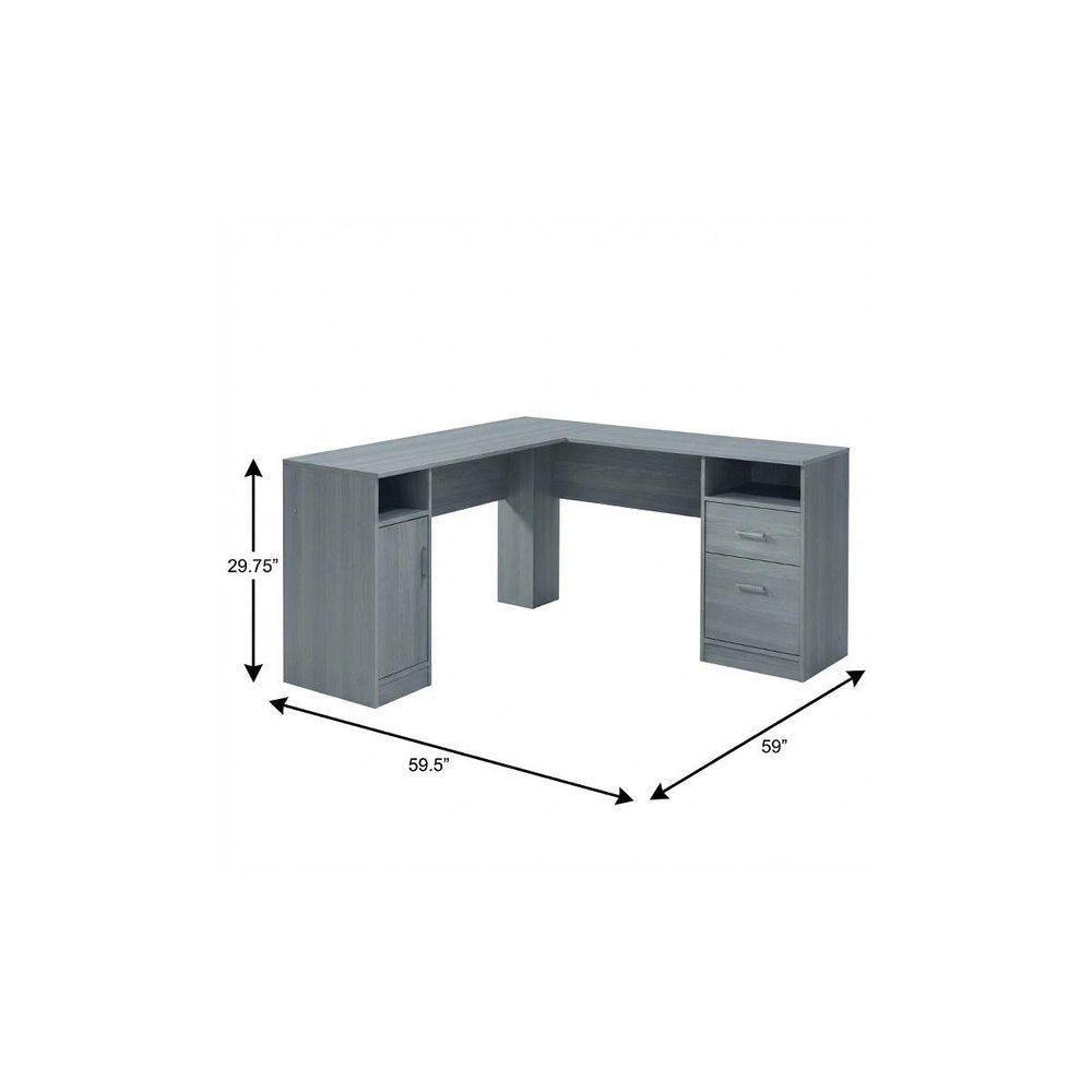 60" Gray Wood L Shape Pedestal Computer Desk With Two Drawers