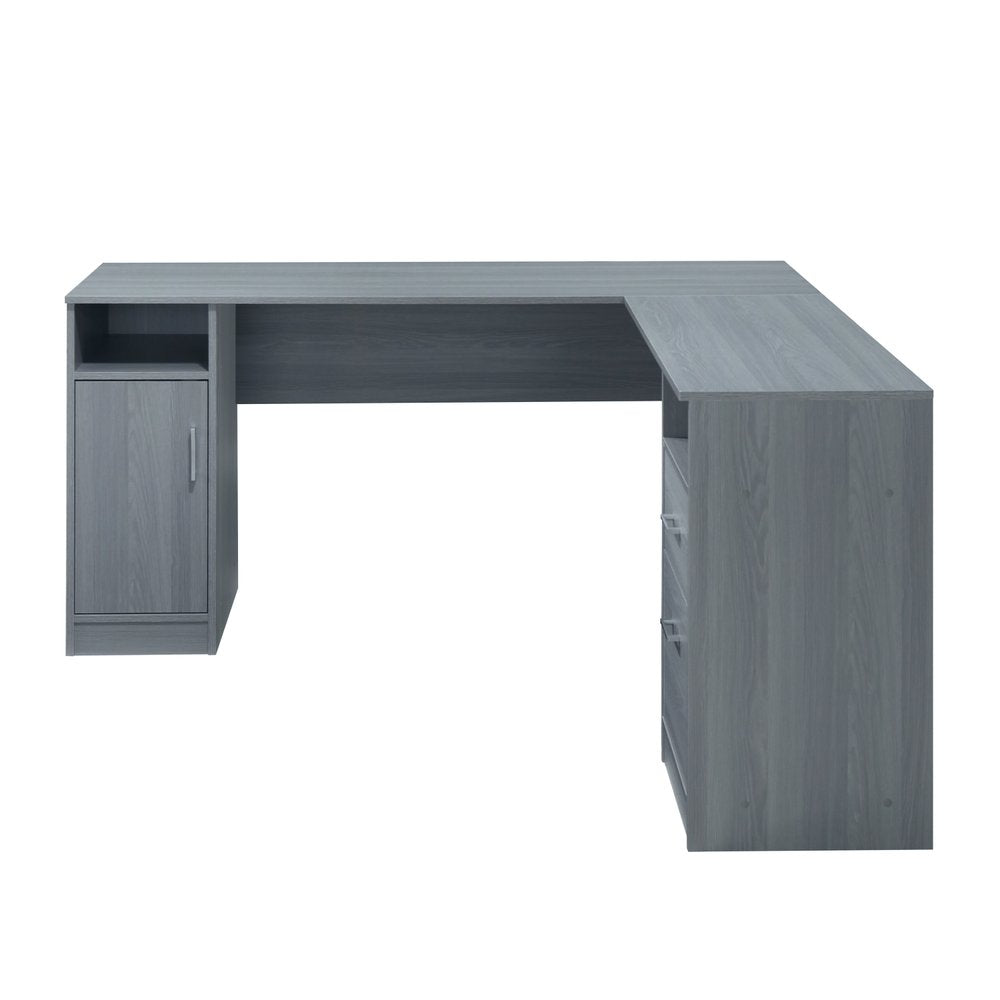 60" Gray Wood L Shape Pedestal Computer Desk With Two Drawers