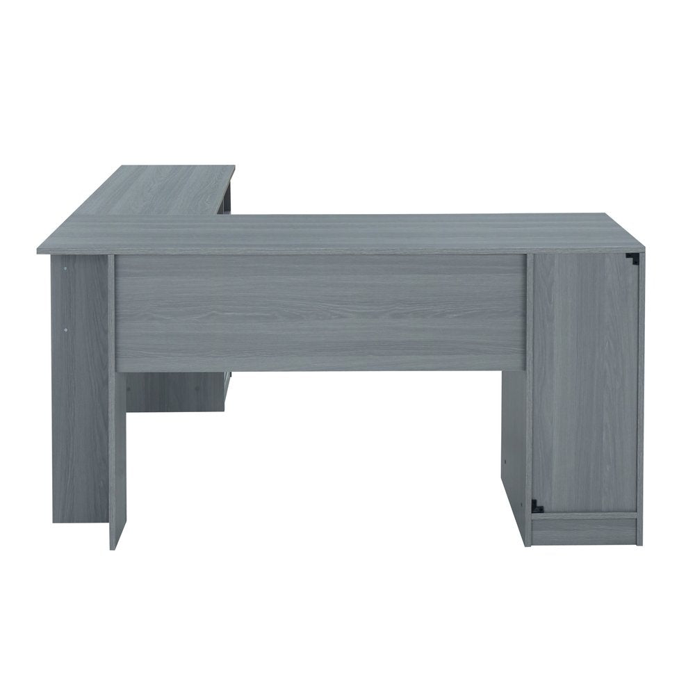 60" Gray Wood L Shape Pedestal Computer Desk With Two Drawers