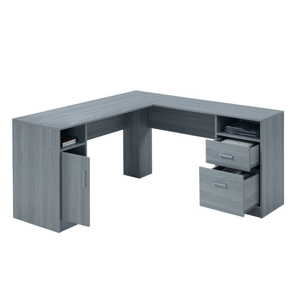 60" Gray Wood L Shape Pedestal Computer Desk With Two Drawers