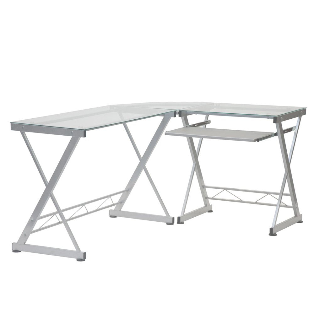 62" Clear Glass and Steel L Shape Computer Desk