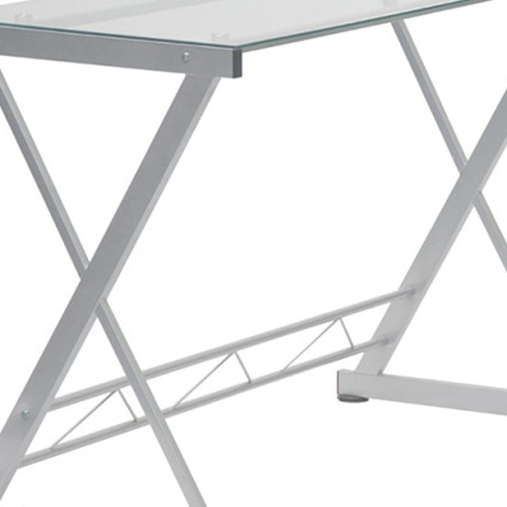 62" Clear Glass and Steel L Shape Computer Desk