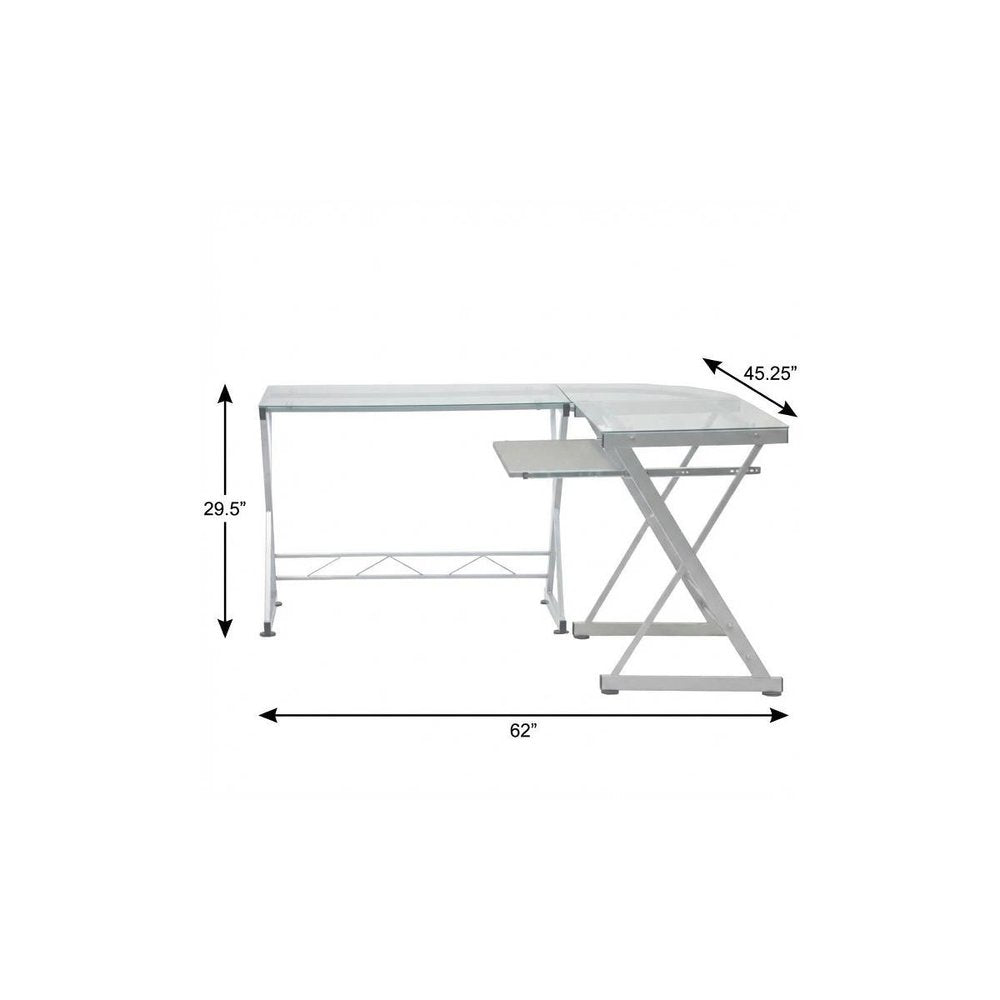 62" Clear Glass and Steel L Shape Computer Desk