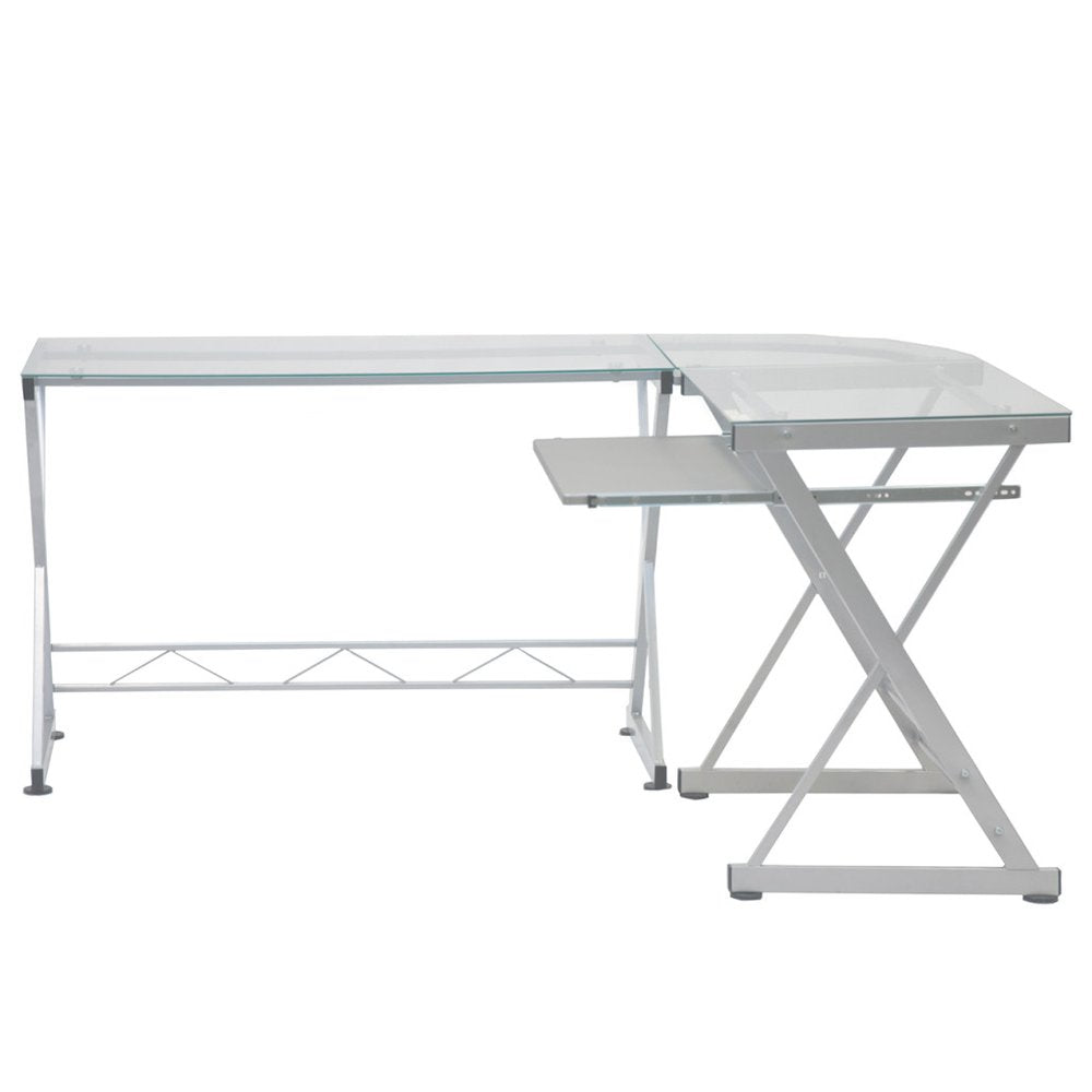 62" Clear Glass and Steel L Shape Computer Desk