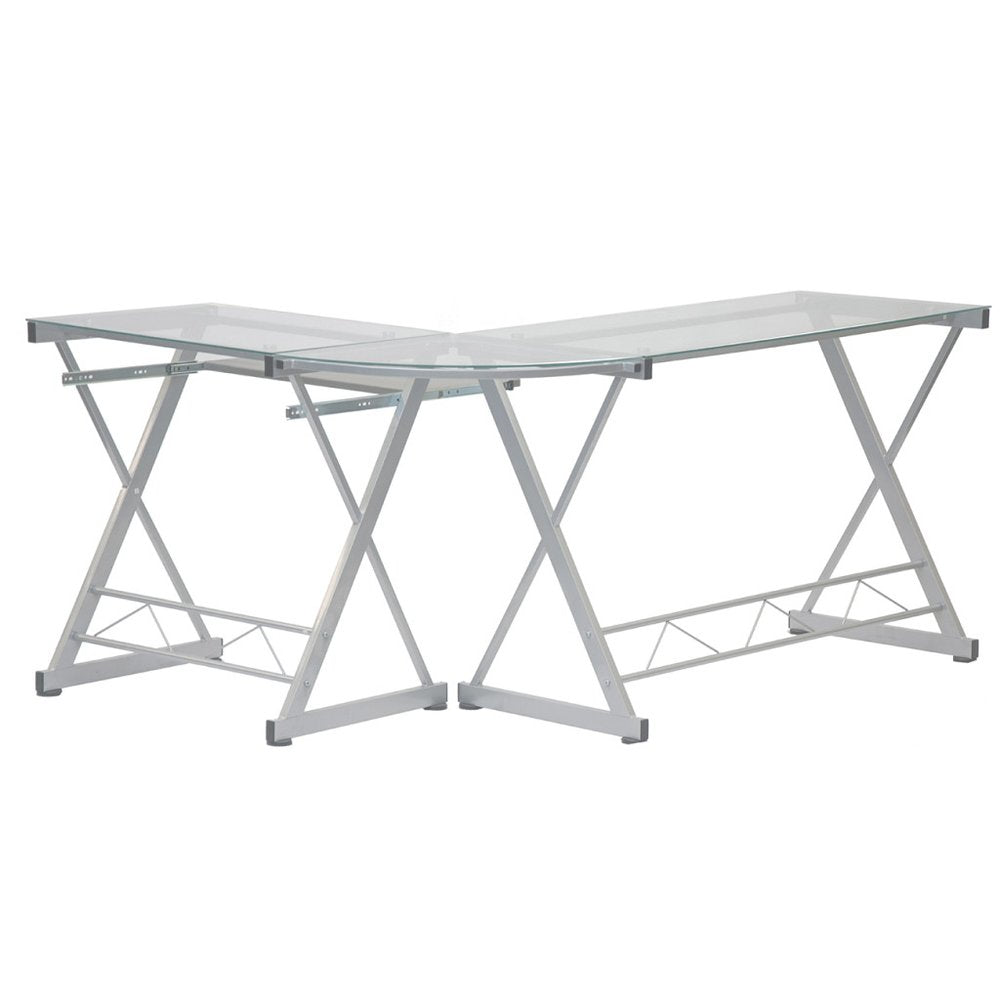 62" Clear Glass and Steel L Shape Computer Desk