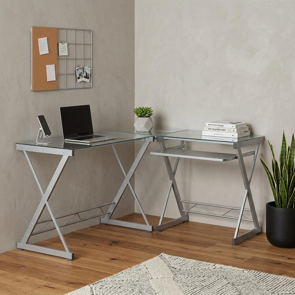 62" Clear Glass and Steel L Shape Computer Desk