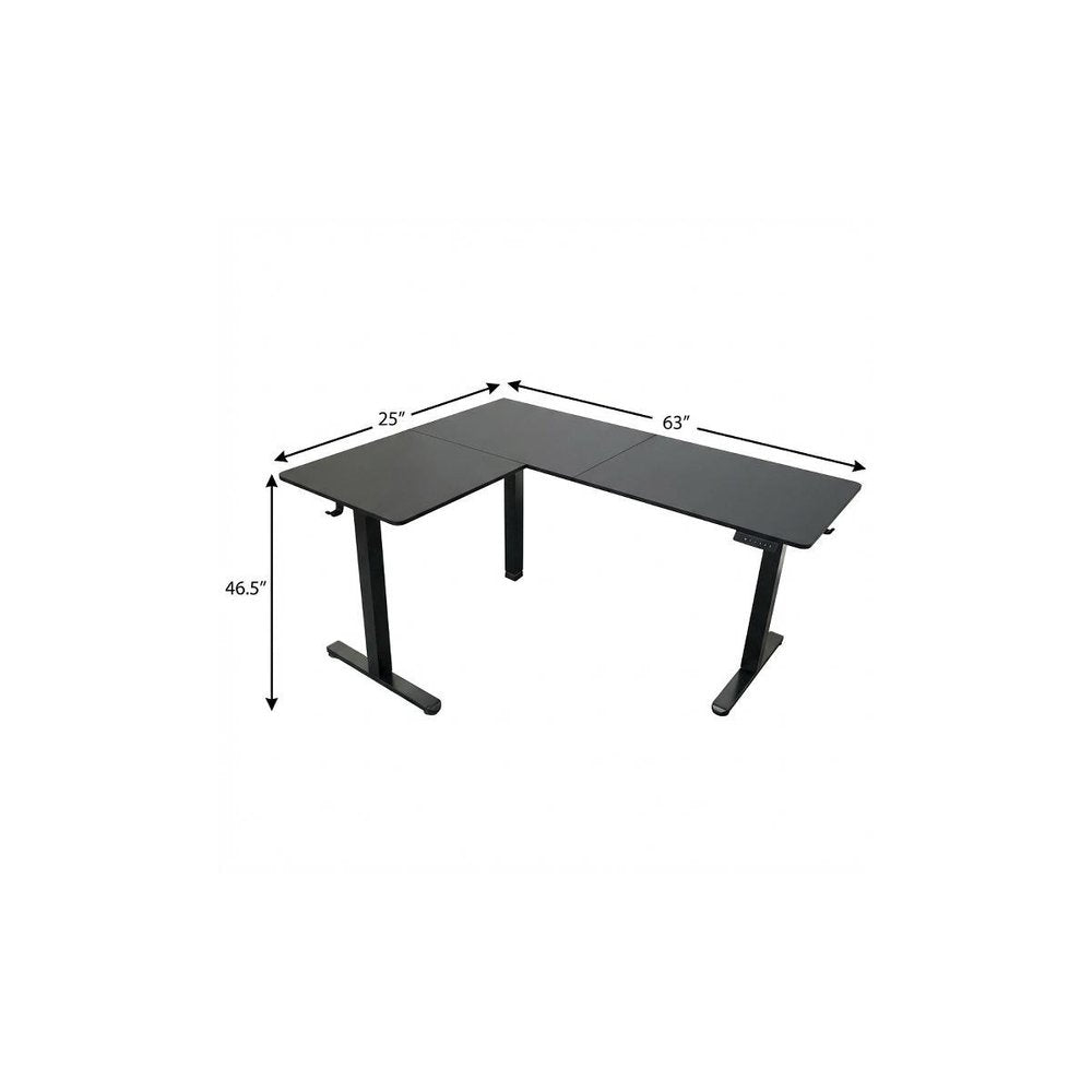 Adjustable Black Wood and Steel L Shape Standing Desk on a white background