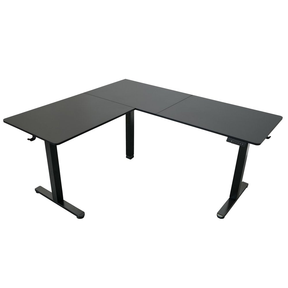 Adjustable Black Wood and Steel L Shape Standing Desk on a white background