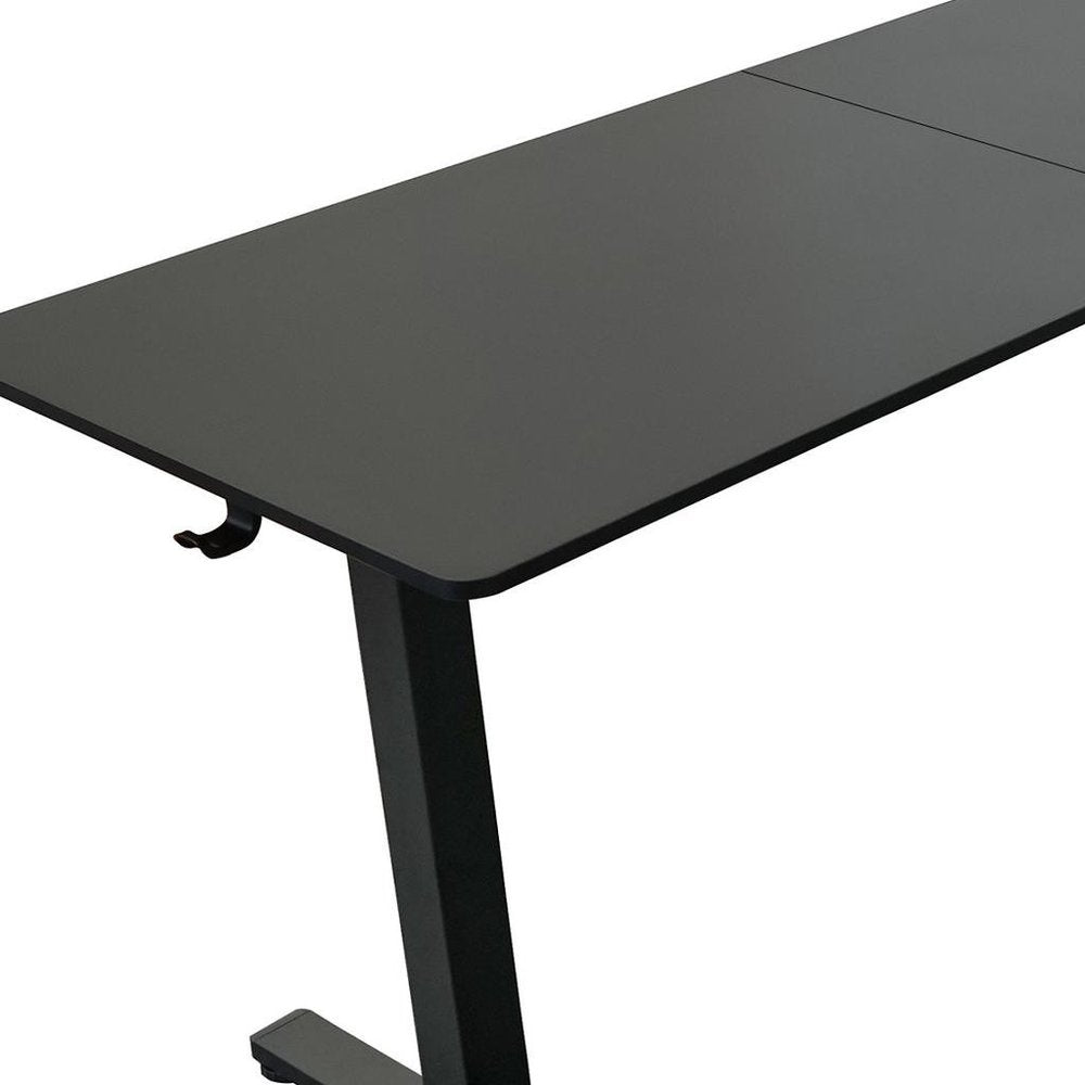 Adjustable Black Wood and Steel L Shape Standing Desk on a white background