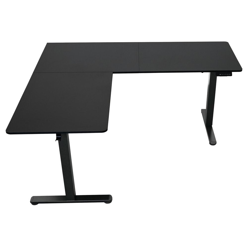 Adjustable Black Wood and Steel L Shape Standing Desk on a white background