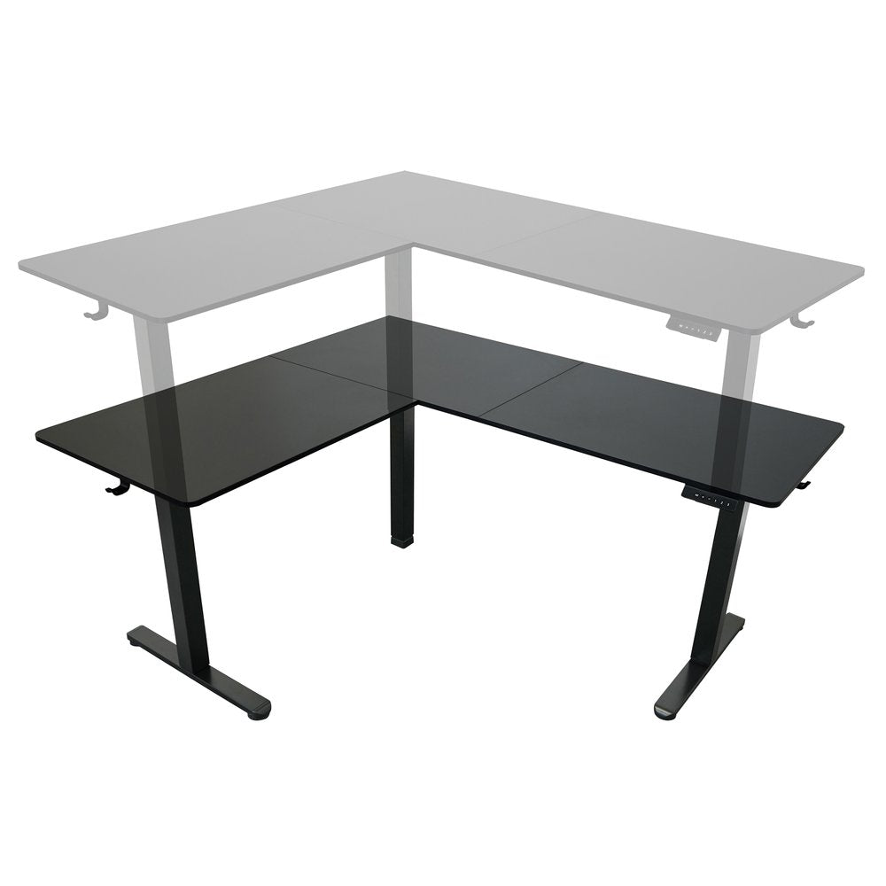 Adjustable Black Wood and Steel L Shape Standing Desk on a white background