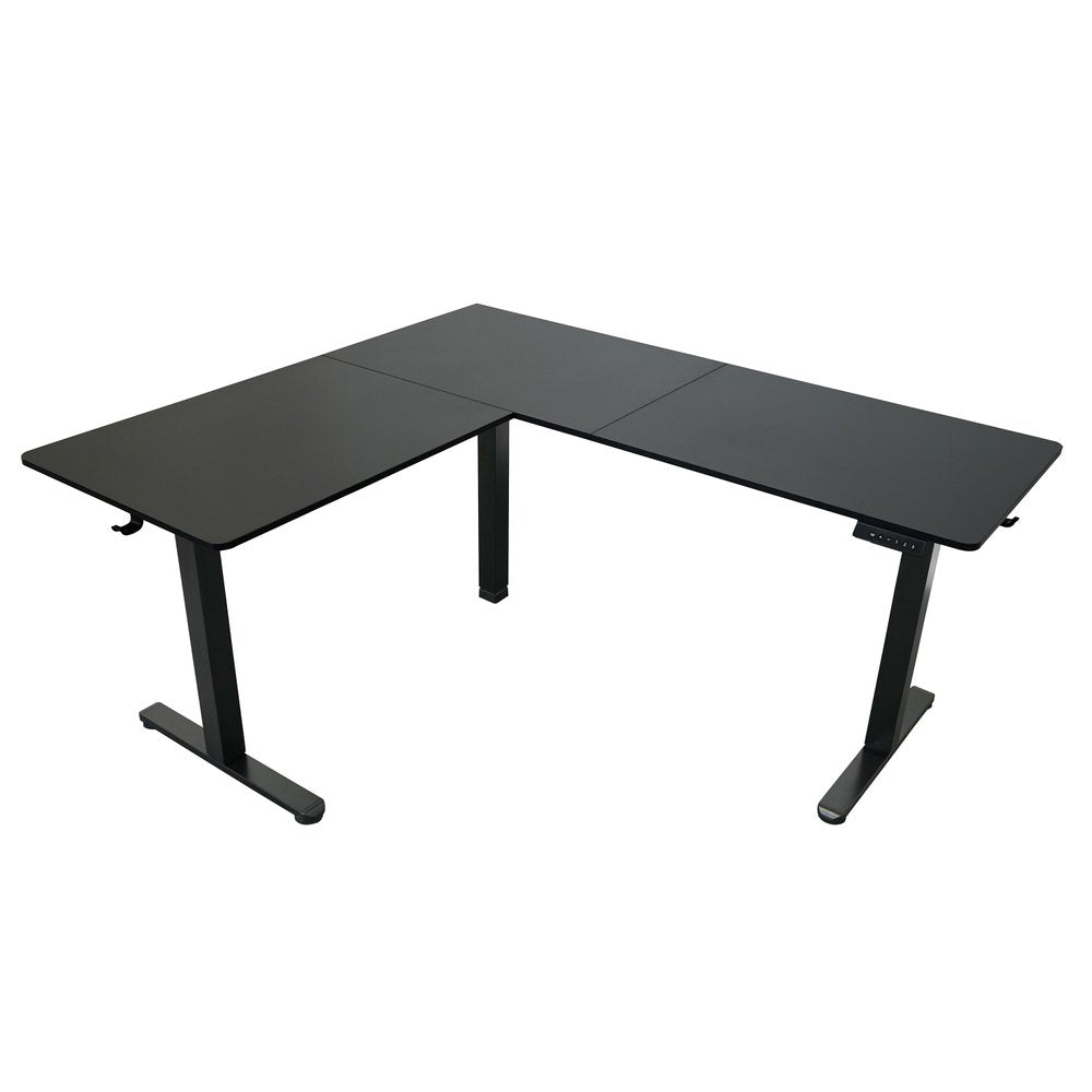Adjustable Black Wood and Steel L Shape Standing Desk on a white background