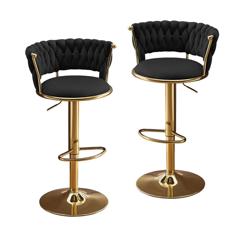 Set of Two Black And Gold Velvet And Metal Low Back Adjustable Height Swivel Bar Chairs on a white background