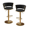 Set of Two Black And Gold Velvet And Metal Low Back Adjustable Height Swivel Bar Chairs on a white background