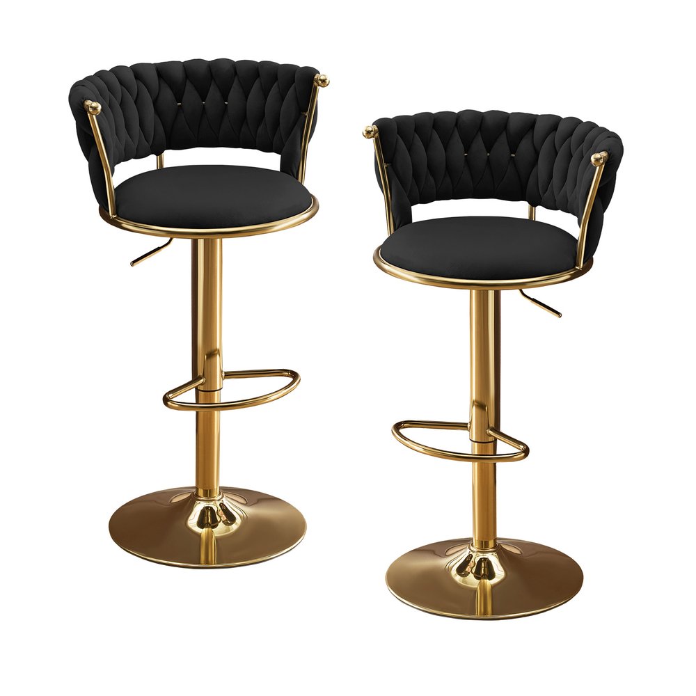 Set of Two Black And Gold Velvet And Metal Low Back Adjustable Height Swivel Bar Chairs on a white background