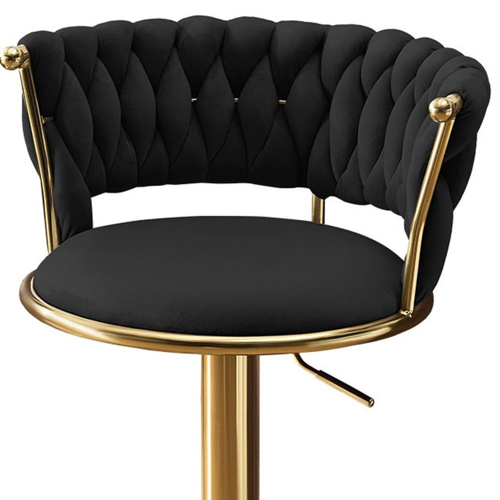 Set of Two Black And Gold Velvet And Metal Low Back Adjustable Height Swivel Bar Chairs on a white background