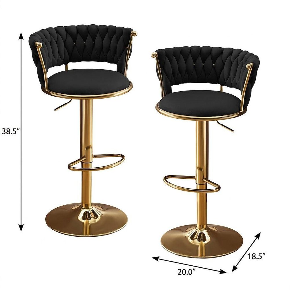 Set of Two Black And Gold Velvet And Metal Low Back Adjustable Height Swivel Bar Chairs on a white background