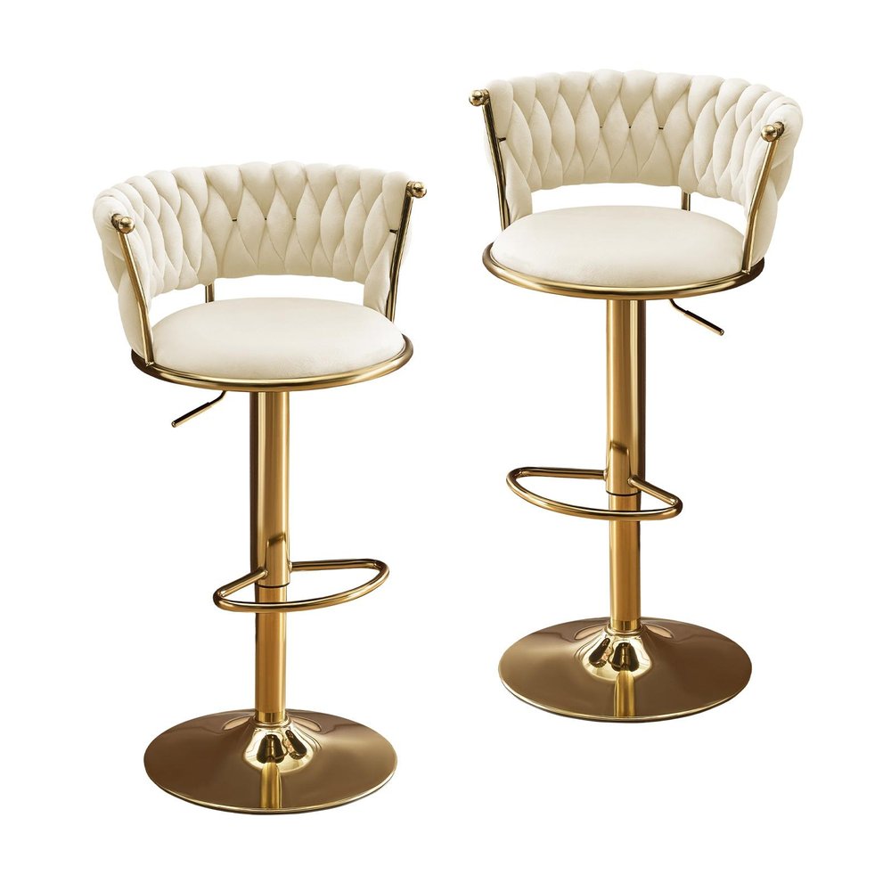 Set of Two Beige And Gold Velvet And Metal Low Back Adjustable Height Swivel Bar Chairs on a white background