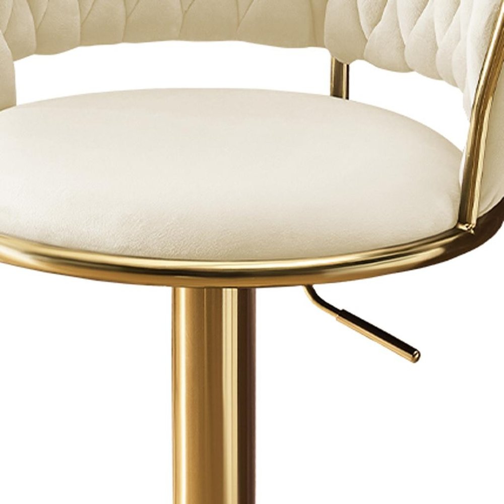 Set of Two Beige And Gold Velvet And Metal Low Back Adjustable Height Swivel Bar Chairs on a white background