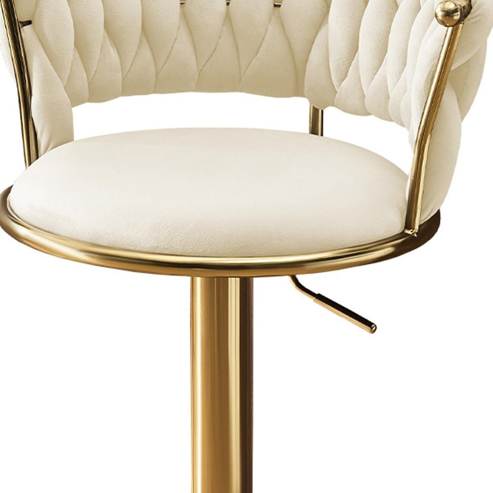 Set of Two Beige And Gold Velvet And Metal Low Back Adjustable Height Swivel Bar Chairs on a white background
