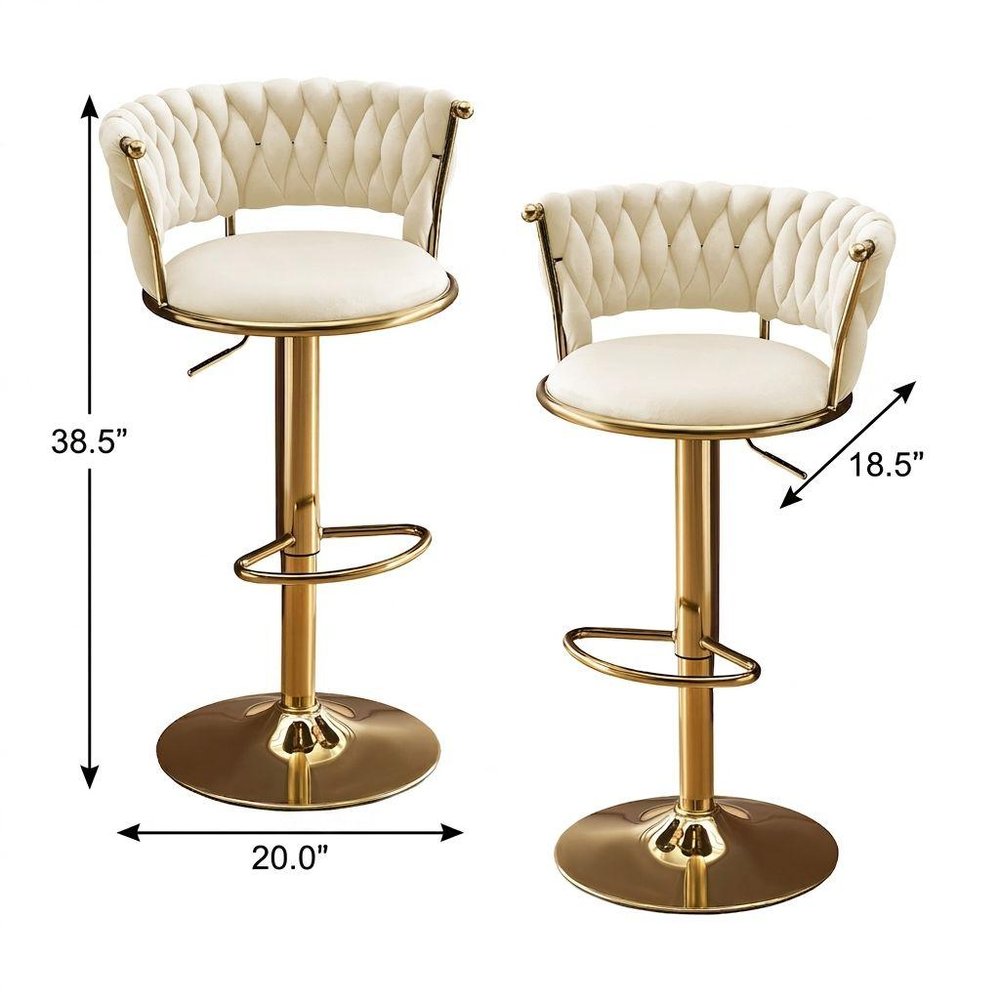 Set of Two Beige And Gold Velvet And Metal Low Back Adjustable Height Swivel Bar Chairs on a white background