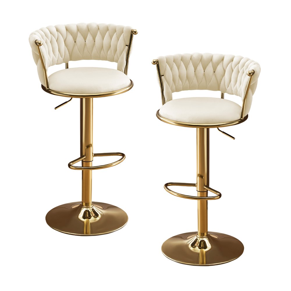 Set of Two Beige And Gold Velvet And Metal Low Back Adjustable Height Swivel Bar Chairs on a white background