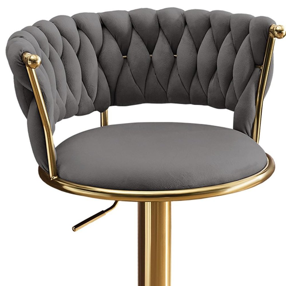 Set of Two Gray And Gold Velvet And Metal Low Back Adjustable Height Swivel Bar Chairs on a white background