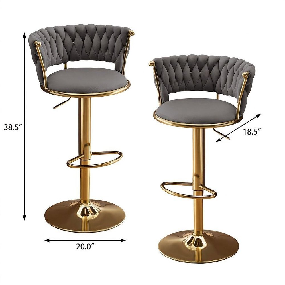 Set of Two Gray And Gold Velvet And Metal Low Back Adjustable Height Swivel Bar Chairs on a white background