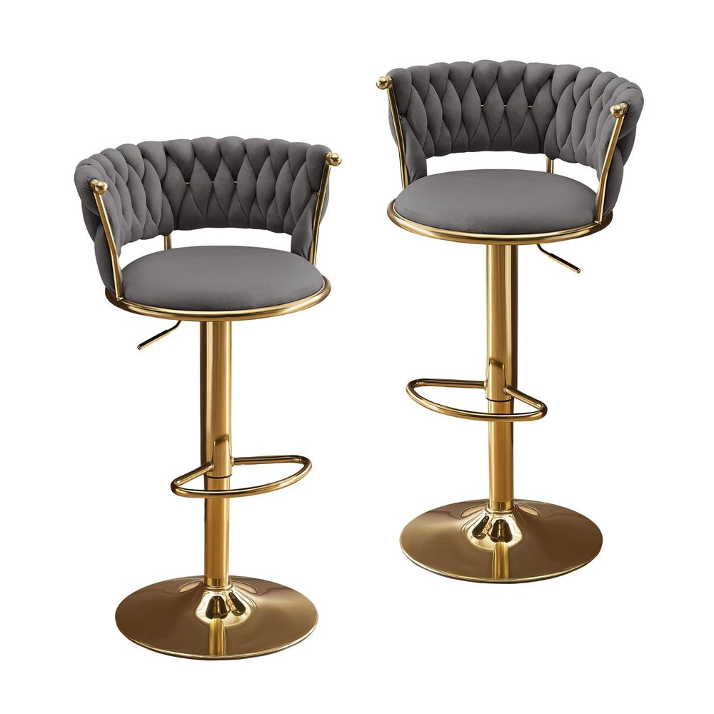 Set of Two Gray And Gold Velvet And Metal Low Back Adjustable Height Swivel Bar Chairs on a white background