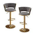 Set of Two Gray And Gold Velvet And Metal Low Back Adjustable Height Swivel Bar Chairs on a white background