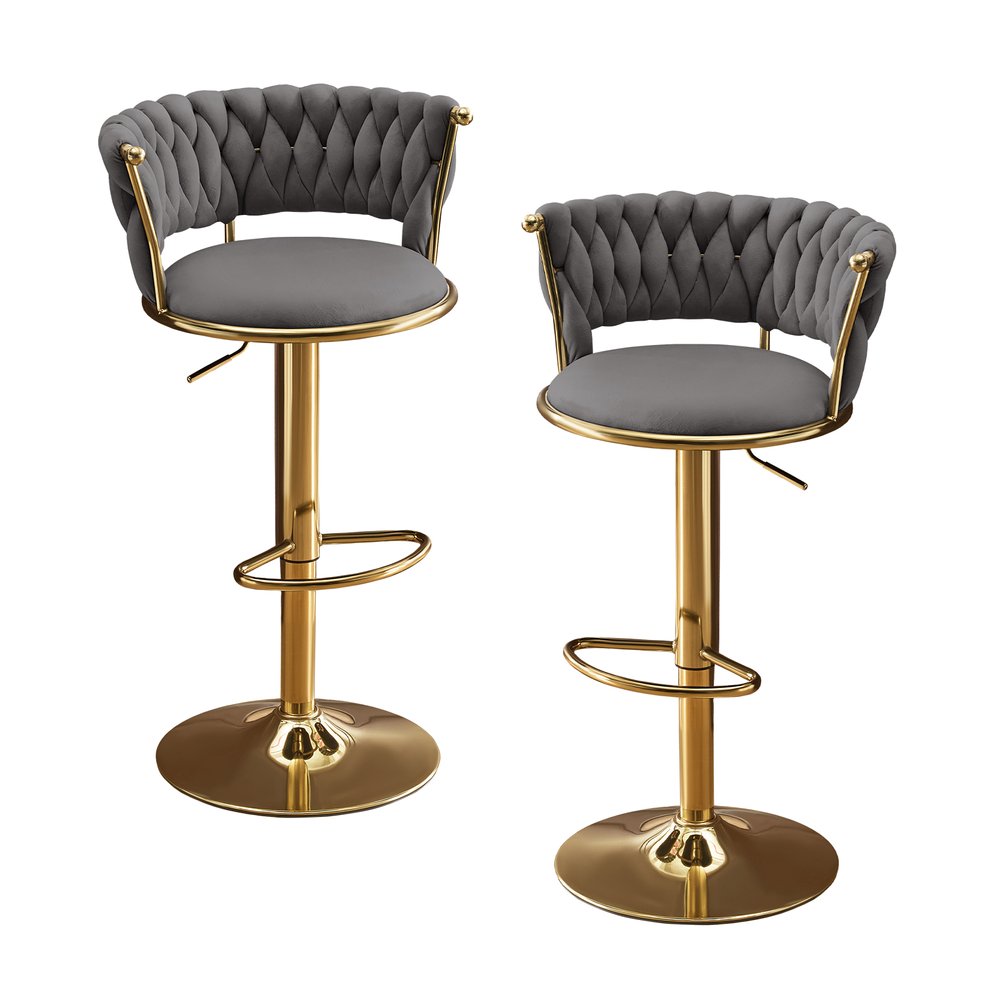 Set of Two Gray And Gold Velvet And Metal Low Back Adjustable Height Swivel Bar Chairs on a white background