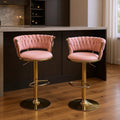 Set of Two Pink and Gold Velvet and Metal Low Back Adjustable Height Swivel Bar Chairs
