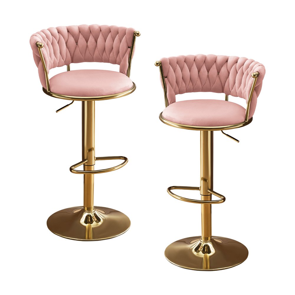 Set of Two Pink And Gold Velvet And Metal Low Back Adjustable Height Swivel Bar Chairs on a white background
