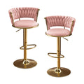 Set of Two Pink And Gold Velvet And Metal Low Back Adjustable Height Swivel Bar Chairs on a white background