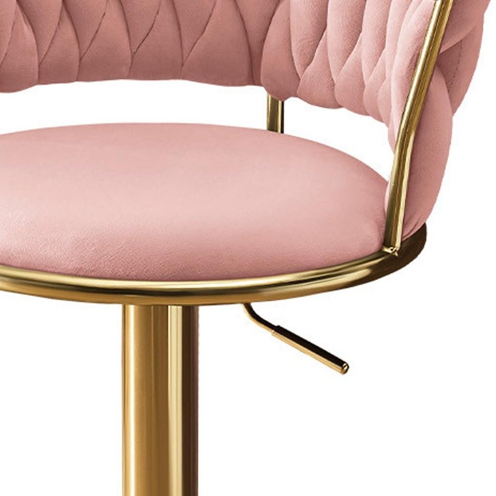 Set of Two Pink And Gold Velvet And Metal Low Back Adjustable Height Swivel Bar Chairs on a white background